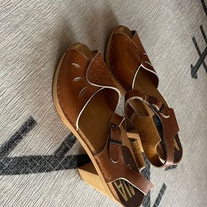 MIA Sweden Brown Leather Wood Heeled Clog Sandals
